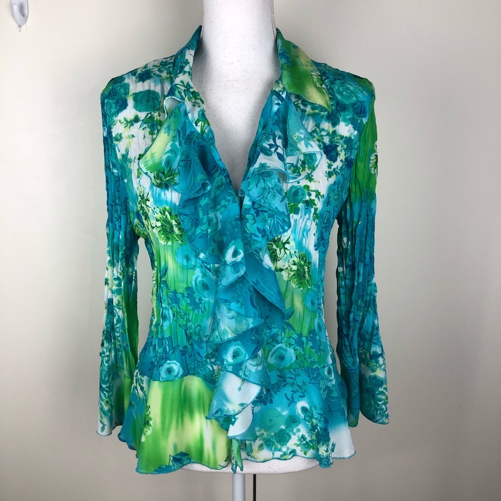 MICHELLE MICHELLE COLLARED FLORAL RUFFLE TOP SZ M